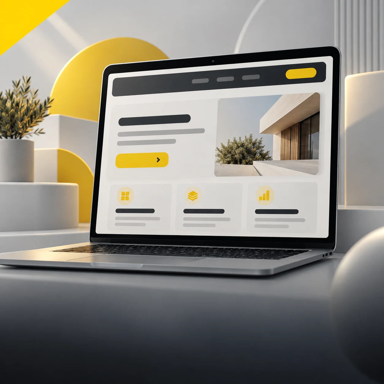 Portátil con una página web de diseño moderno, botón amarillo y composición visual limpia