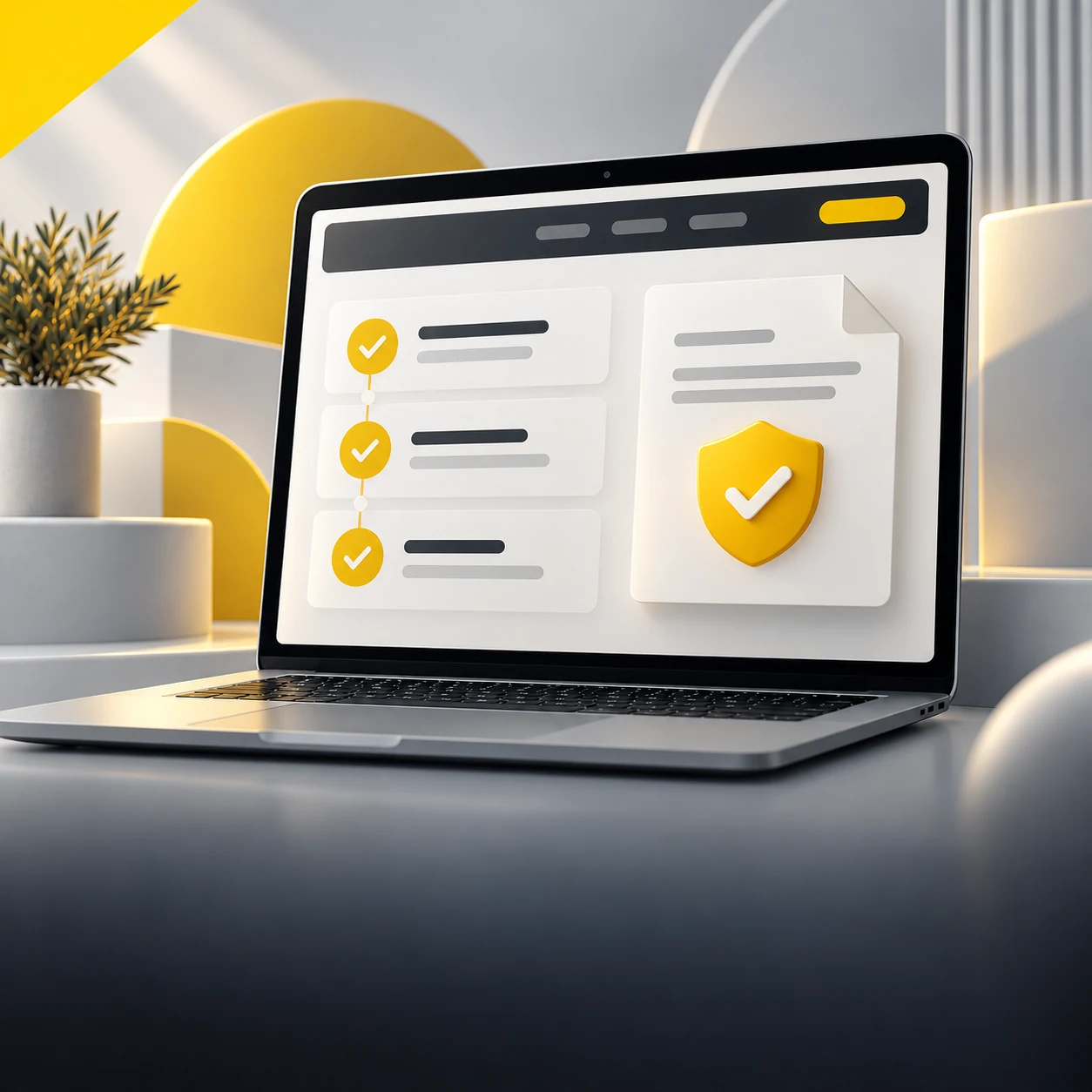 Portátil con lista de comprobación y escudo amarillo de verificación de una solicitud digital
