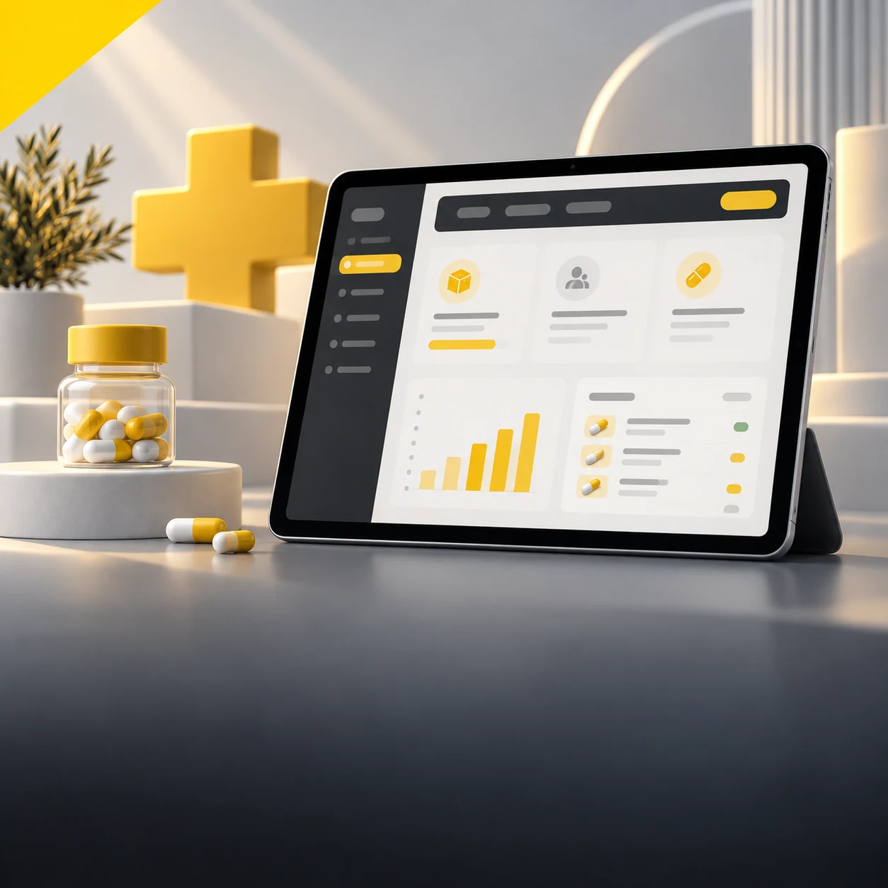 Tableta con panel de gestión de farmacia, gráficos y productos farmacéuticos