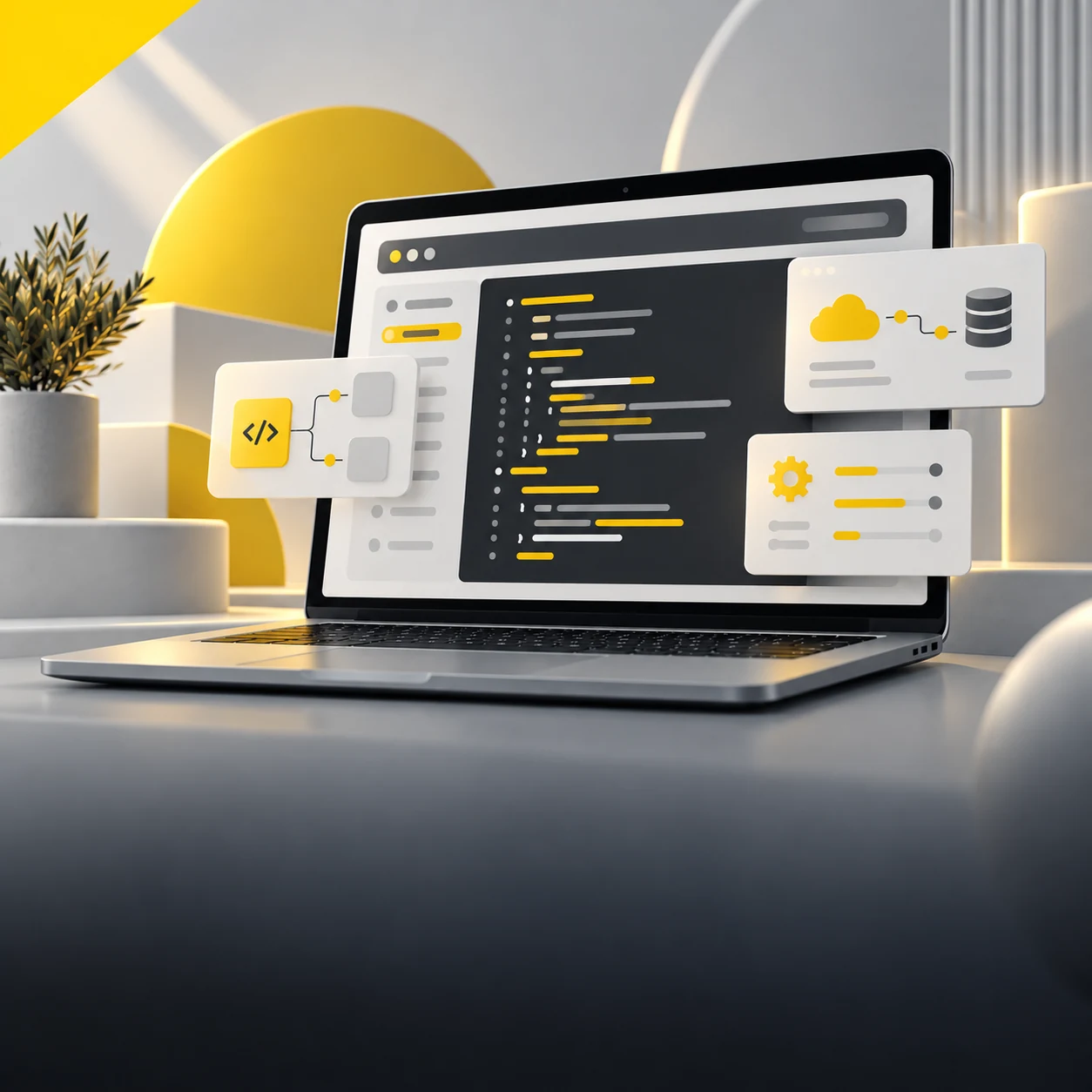 Portátil con editor de código e interfaces de integración para desarrollo de software a medida