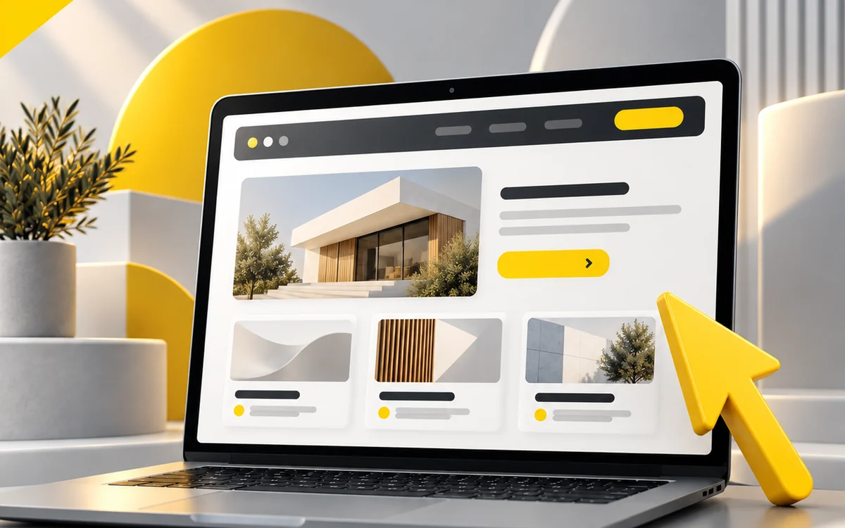 Portátil que muestra una web de proyectos y un cursor amarillo señalando la interfaz