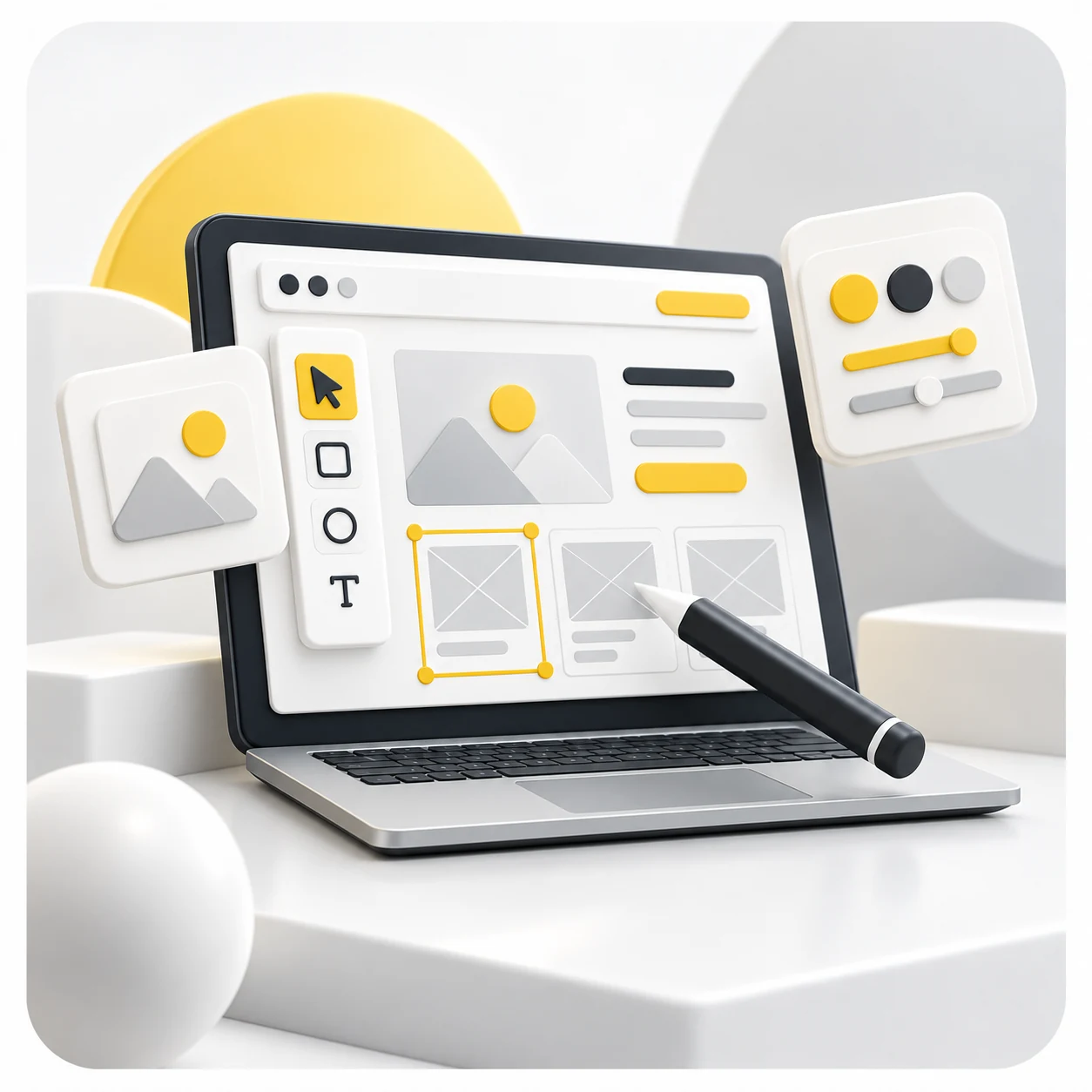 Diseño visual de interfaz web con módulos, composición y herramientas de edición