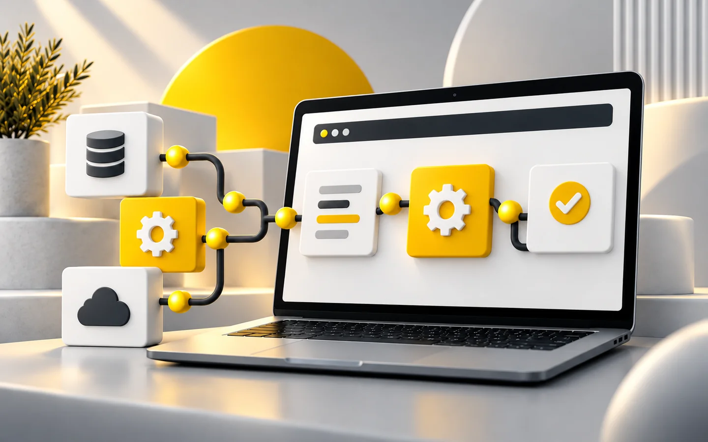 Automatización digital con portátil y módulos de trabajo conectados