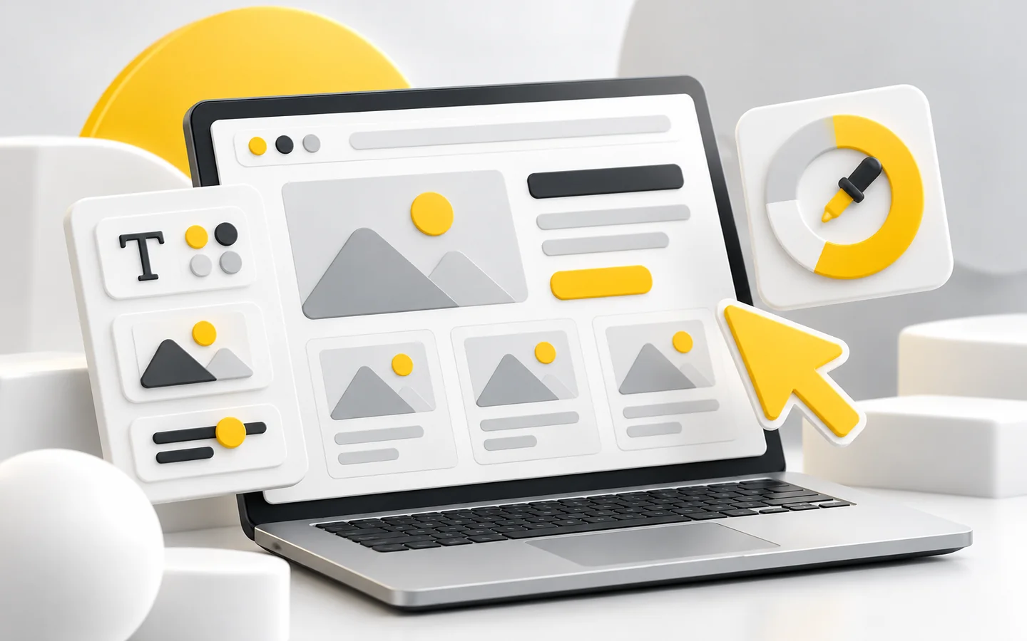 Portátil con interfaz de diseño web, controles visuales y cursor amarillo