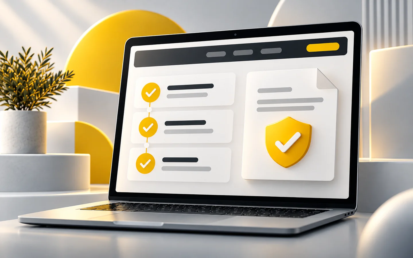 Portátil con solicitud digital y escudo amarillo de validación