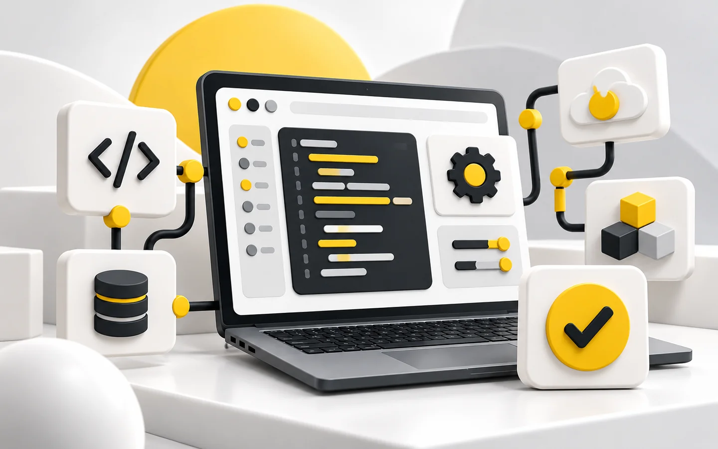 Portátil con editor de software y módulos conectados para desarrollo a medida