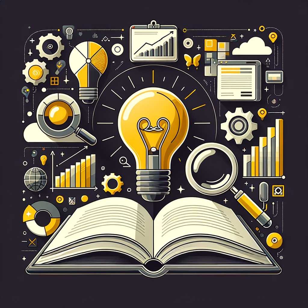 Una ilustración de un libro digital abierto con una bombilla, una lupa y gráficos digitales, simbolizando recursos prácticos y estrategias para mejorar la presencia en línea.