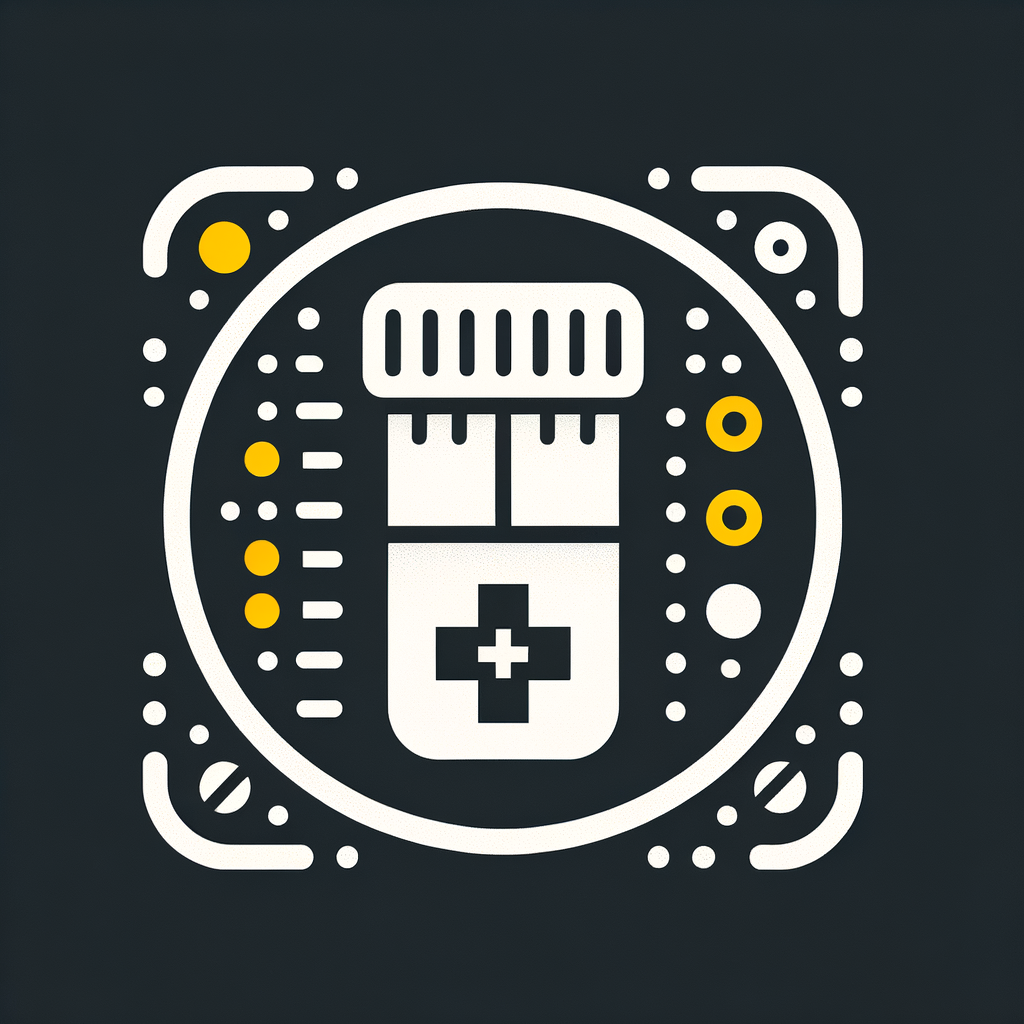 Una ilustración de una interfaz digital de farmacia con frascos de pastillas, un gráfico de control de stock y un ícono de receta, simbolizando la gestión integral de farmacias.