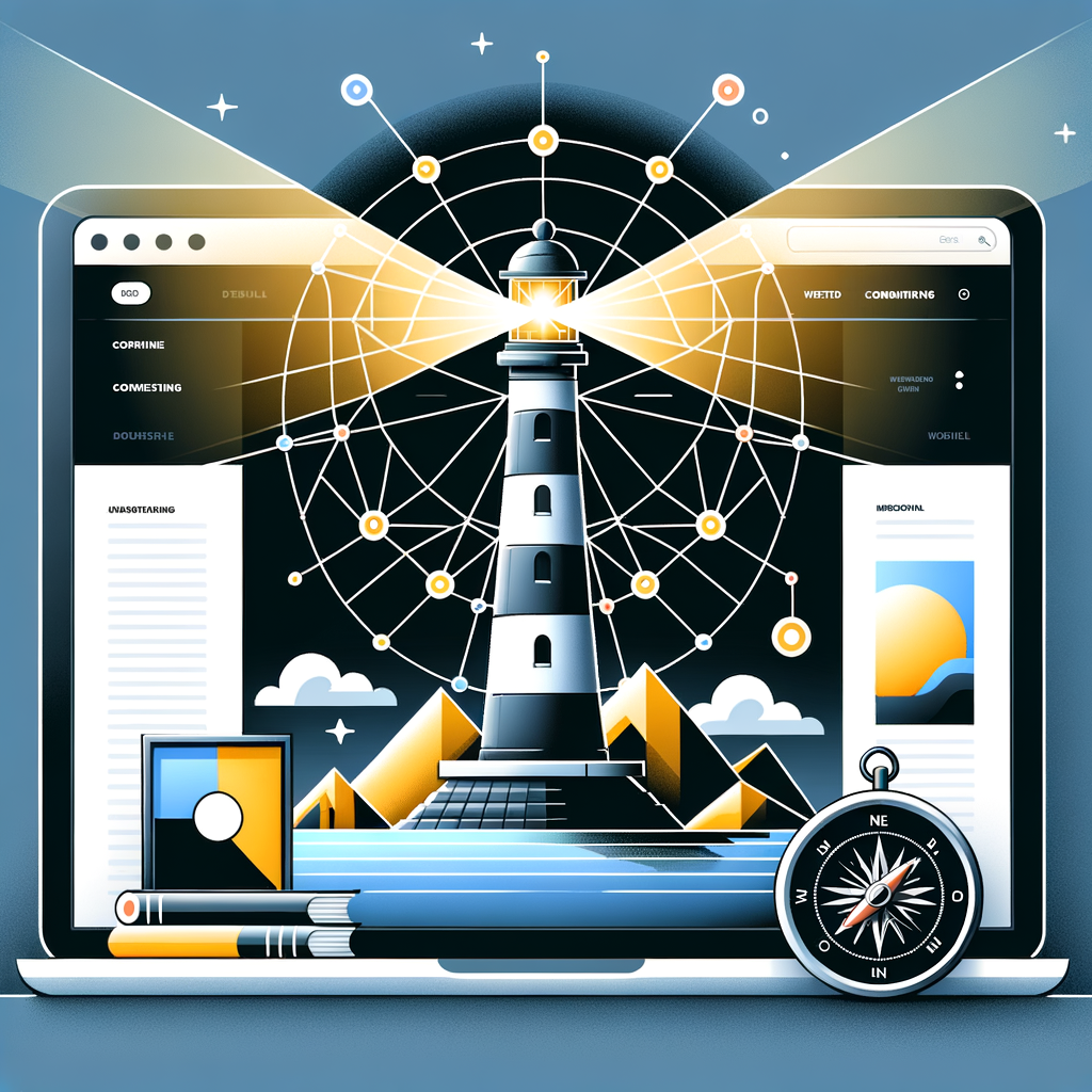 Una ilustración de un faro que emite rayos digitales sobre un diseño web, con un compás de navegación, simbolizando la guía que ofrece un diseño web profesional.