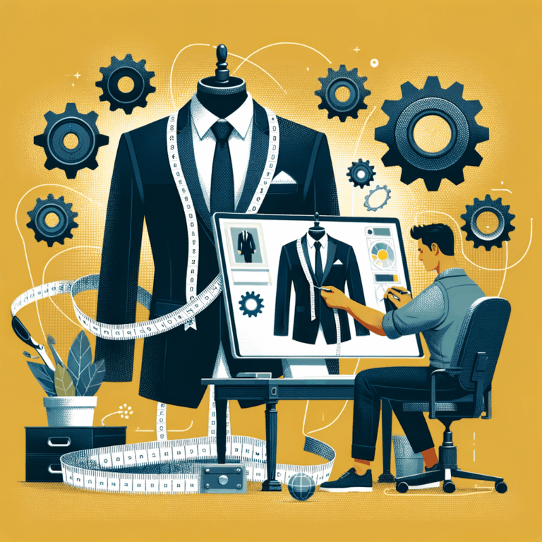 Un sastre crea un traje digital en un ordenador, rodeado de cinta métrica y engranajes, simbolizando soluciones de software personalizadas para negocios.