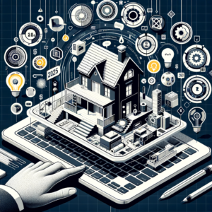 Una ilustración de una casa digital futurista en construcción, con elementos como un plano, herramientas digitales y etiquetas de costo, simbolizando los factores que influyen en el precio de un sitio web en 2025, junto con íconos que representan innovación y personalización.