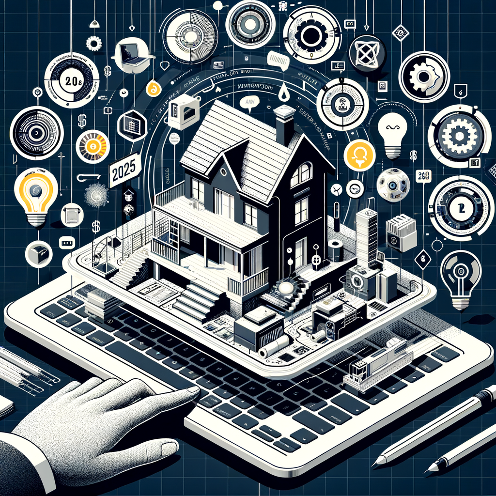Una ilustración de una casa digital futurista en construcción, con elementos como un plano, herramientas digitales y etiquetas de costo, simbolizando los factores que influyen en el precio de un sitio web en 2025, junto con íconos que representan innovación y personalización.