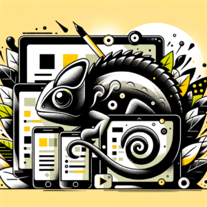 Un camaleón se camufla en diferentes tamaños de pantalla, simbolizando el diseño web responsive, con íconos de móvil, tablet y ordenador que representan la adaptabilidad a dispositivos.