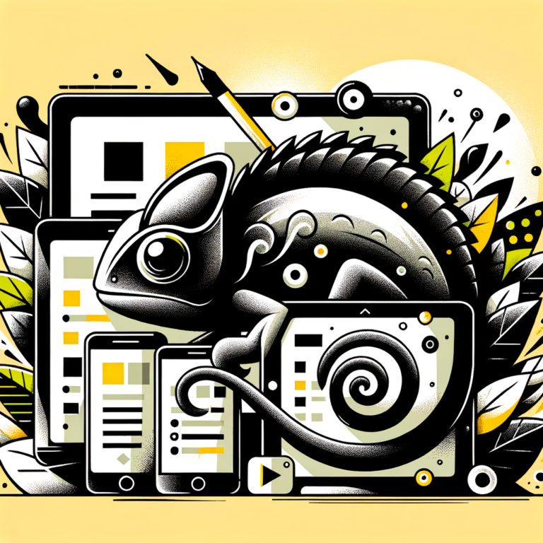 Un camaleón se camufla en diferentes tamaños de pantalla, simbolizando el diseño web responsive, con íconos de móvil, tablet y ordenador que representan la adaptabilidad a dispositivos.