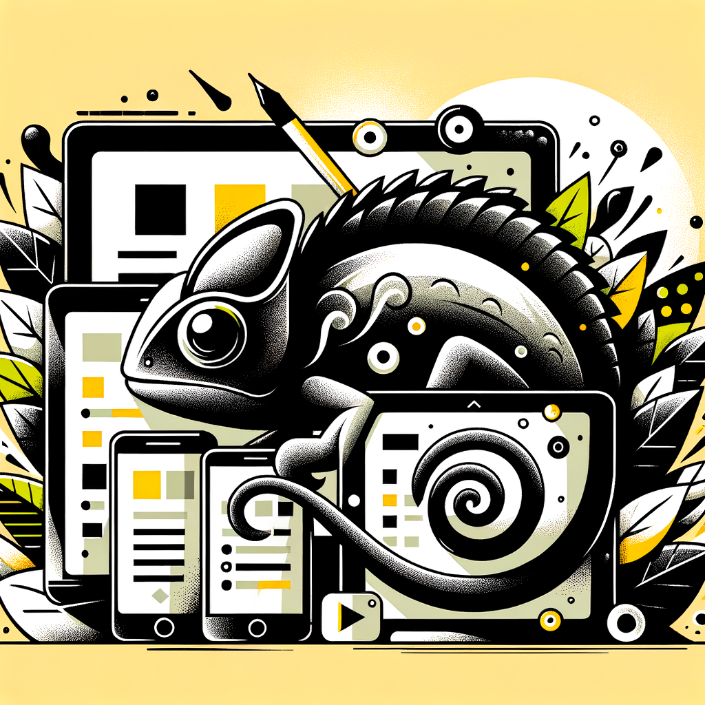 Un camaleón se camufla en diferentes tamaños de pantalla, simbolizando el diseño web responsive, con íconos de móvil, tablet y ordenador que representan la adaptabilidad a dispositivos.