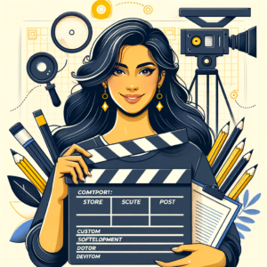 Una ilustración de un director de cine sosteniendo una claqueta digital, simbolizando la búsqueda del compañero ideal en el desarrollo de software a medida, con elementos como un guion gráfico y herramientas creativas.