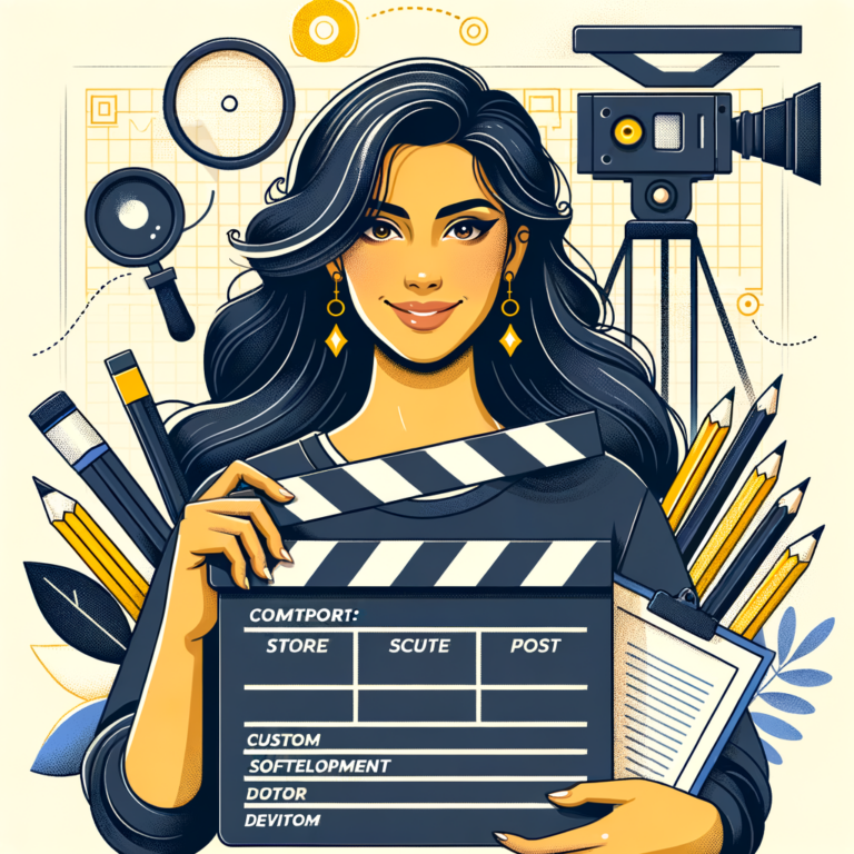 Una ilustración de un director de cine sosteniendo una claqueta digital, simbolizando la búsqueda del compañero ideal en el desarrollo de software a medida, con elementos como un guion gráfico y herramientas creativas.