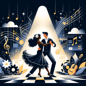 Una ilustración de una pista de baile con una pareja bailando con gracia, simbolizando la armonía necesaria al elegir una empresa de desarrollo de software a medida, con elementos como notas musicales y engranajes digitales.