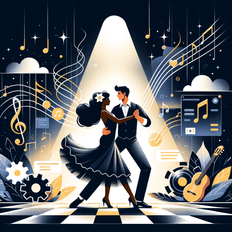 Una ilustración de una pista de baile con una pareja bailando con gracia, simbolizando la armonía necesaria al elegir una empresa de desarrollo de software a medida, con elementos como notas musicales y engranajes digitales.