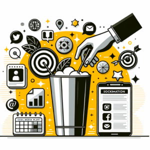 Un coctelero con íconos de redes sociales como ingredientes, junto a un planificador digital y un ícono de objetivo, simbolizando una estrategia de redes sociales bien elaborada.