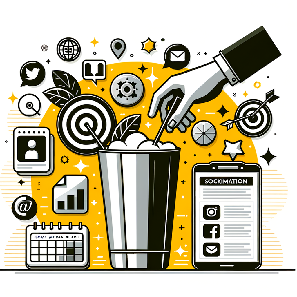 Un coctelero con íconos de redes sociales como ingredientes, junto a un planificador digital y un ícono de objetivo, simbolizando una estrategia de redes sociales bien elaborada.
