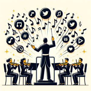 Un director de orquesta dirige íconos de redes sociales como notas musicales, rodeado de una partitura digital y una batuta, simbolizando los beneficios de externalizar la gestión de redes sociales.