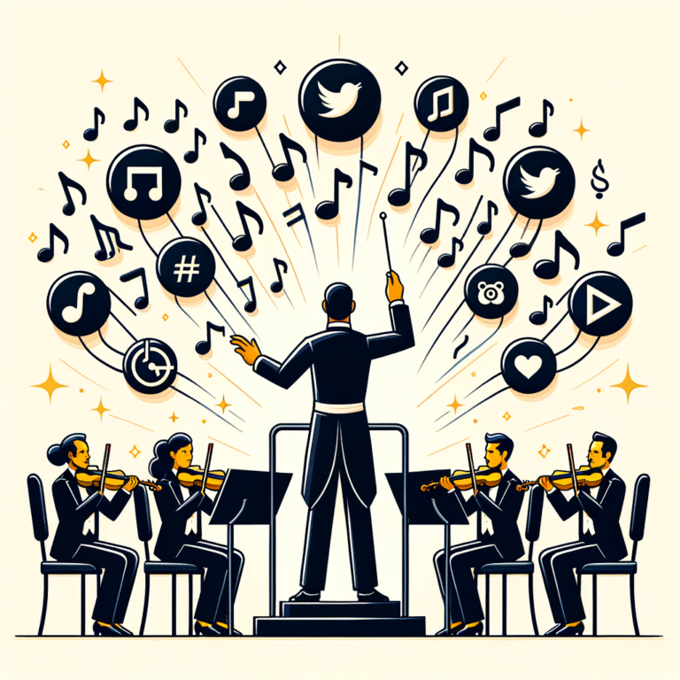 Un director de orquesta dirige íconos de redes sociales como notas musicales, rodeado de una partitura digital y una batuta, simbolizando los beneficios de externalizar la gestión de redes sociales.