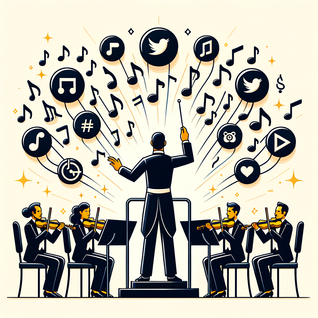 Un director de orquesta dirige íconos de redes sociales como notas musicales, rodeado de una partitura digital y una batuta, simbolizando los beneficios de externalizar la gestión de redes sociales.