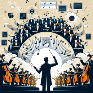 Una ilustración de un director de orquesta dirigiendo varios instrumentos, simbolizando las fases armoniosas del desarrollo de software a medida, con elementos como notas musicales y una partitura digital.