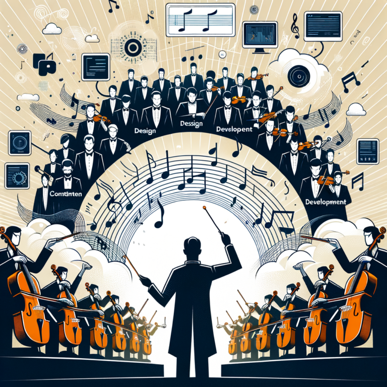 Una ilustración de un director de orquesta dirigiendo varios instrumentos, simbolizando las fases armoniosas del desarrollo de software a medida, con elementos como notas musicales y una partitura digital.