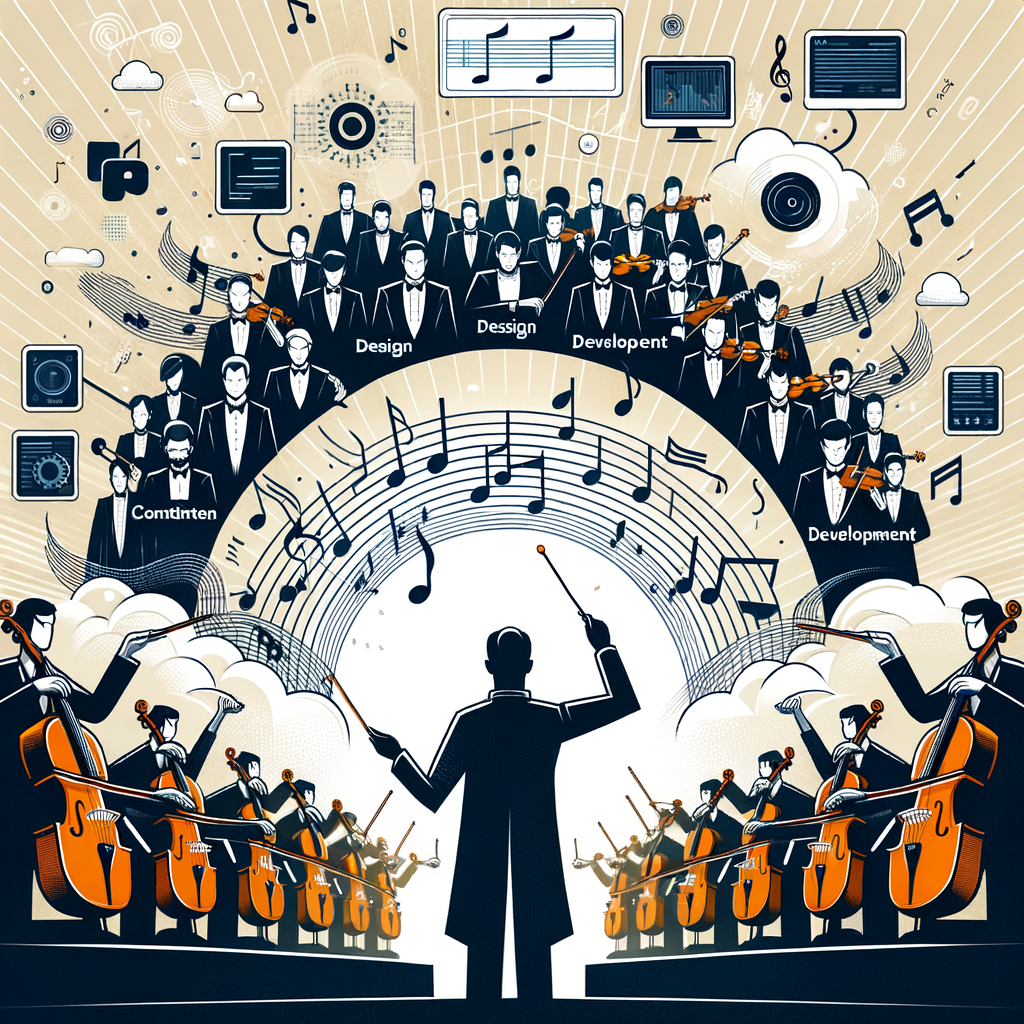 Una ilustración de un director de orquesta dirigiendo varios instrumentos, simbolizando las fases armoniosas del desarrollo de software a medida, con elementos como notas musicales y una partitura digital.
