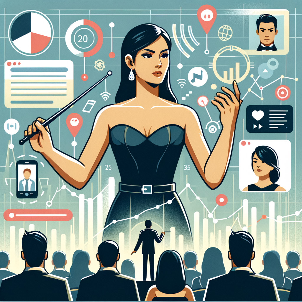 Una ilustración de un director digital con una batuta orquestando íconos de redes sociales y gráficos de análisis, simbolizando herramientas esenciales para la gestión de redes sociales en 2025, con elementos como un asistente virtual y gráficos de datos en tiempo real.