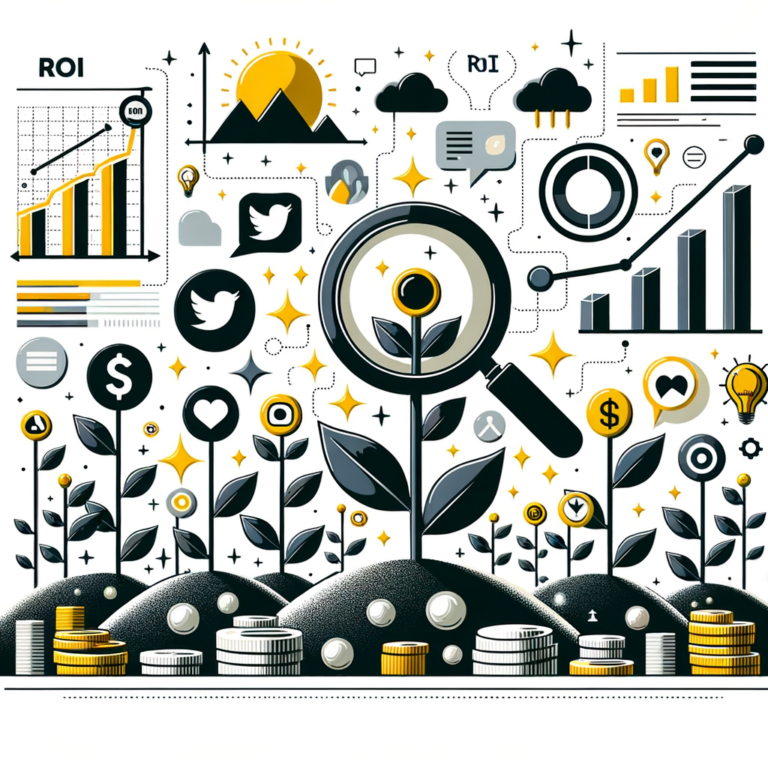 Una ilustración de un jardín digital con íconos de redes sociales como semillas, simbolizando el crecimiento y la medición del ROI en redes sociales, con elementos como una lupa y gráficos de análisis.
