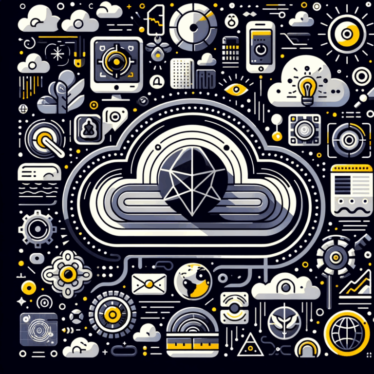 Una ola digital futurista con íconos de interfaces de IA y realidad aumentada, junto a símbolos ecológicos y diseños web dinámicos, simbolizando las tendencias de diseño web para 2025.