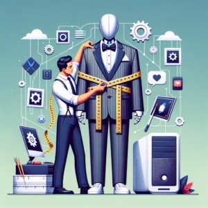 Un sastre ajusta un traje digital en un ordenador, rodeado de cinta métrica e íconos de software, simbolizando los beneficios del desarrollo de software a medida.