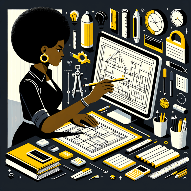 Una ilustración de un arquitecto con planos digitales y una pantalla de ordenador, simbolizando la elección de la agencia de diseño web adecuada, con elementos como un compás de dibujo y herramientas creativas.