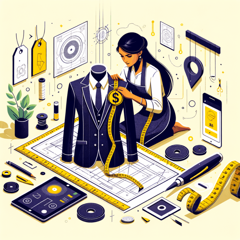 Una ilustración de un sastre creando un traje digital con una etiqueta de precio, simbolizando los factores de costo del desarrollo de software a medida, con elementos como un plano y herramientas de diseño.