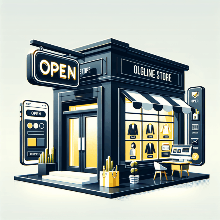 Una ilustración de una tienda digital vibrante con un letrero de abierto, simbolizando un diseño efectivo de tienda online, con elementos como un menú de navegación estructurado y exhibiciones de productos de alta calidad.