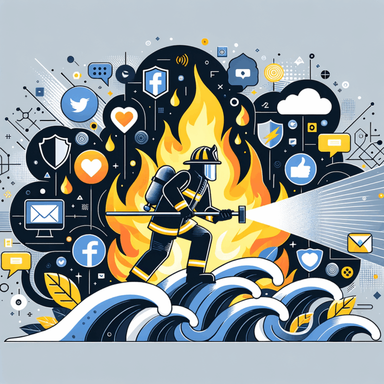 Una ilustración de un bombero digital extinguiendo llamas hechas de íconos de redes sociales, simbolizando la gestión de crisis en redes sociales, con elementos como un escudo y ondas calmantes.