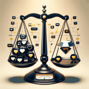 Una ilustración de una balanza con íconos de redes sociales en un lado y una joya pulida en el otro, simbolizando el equilibrio entre calidad y cantidad en el contenido de redes sociales, con elementos como un calendario digital y métricas de compromiso.