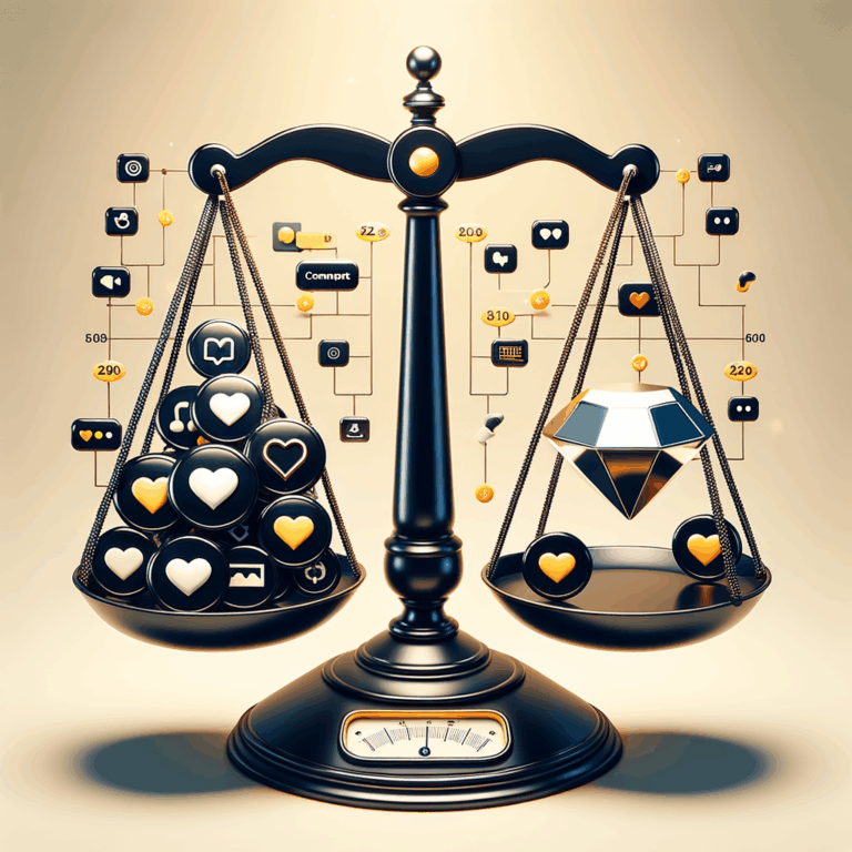 Una ilustración de una balanza con íconos de redes sociales en un lado y una joya pulida en el otro, simbolizando el equilibrio entre calidad y cantidad en el contenido de redes sociales, con elementos como un calendario digital y métricas de compromiso.