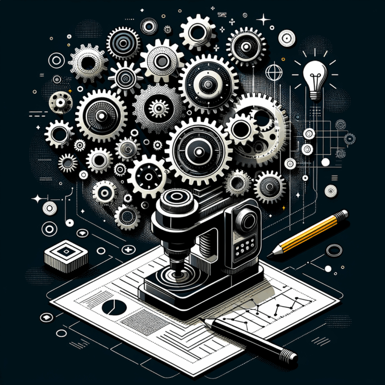 Una ilustración de una máquina de precisión con engranajes ajustados a medida, simbolizando soluciones de software personalizadas para pequeñas empresas, con elementos como un plano digital e íconos de integración.
