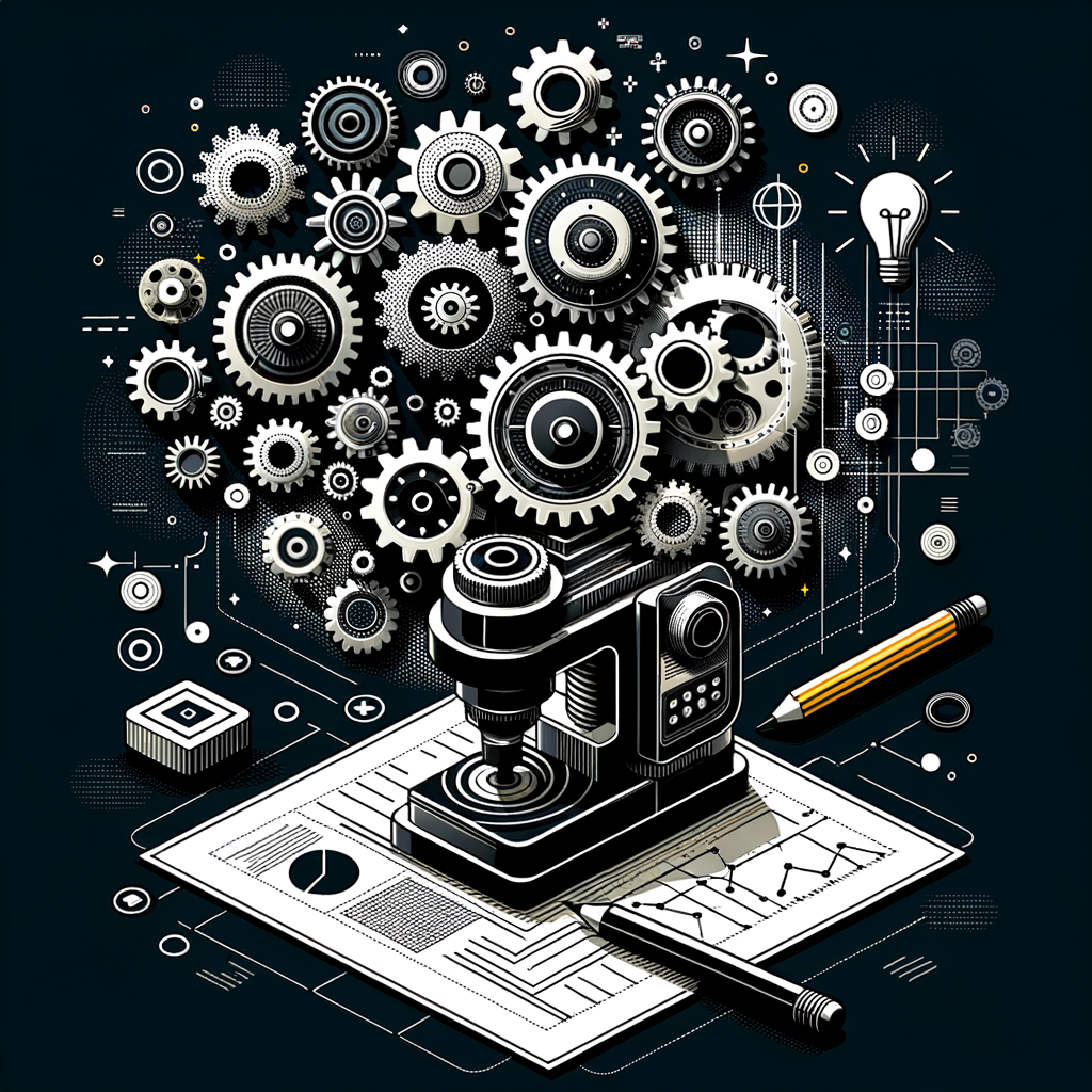 Una ilustración de una máquina de precisión con engranajes ajustados a medida, simbolizando soluciones de software personalizadas para pequeñas empresas, con elementos como un plano digital e íconos de integración.