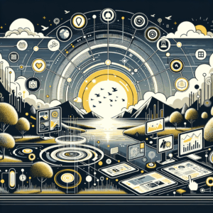 Una ilustración de un paisaje digital futurista con íconos de redes sociales integrados con elementos de realidad aumentada e inteligencia artificial, simbolizando las tendencias en redes sociales para 2025, con elementos como análisis de datos y experiencias personalizadas.