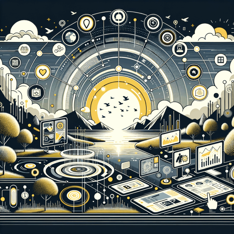 Una ilustración de un paisaje digital futurista con íconos de redes sociales integrados con elementos de realidad aumentada e inteligencia artificial, simbolizando las tendencias en redes sociales para 2025, con elementos como análisis de datos y experiencias personalizadas.