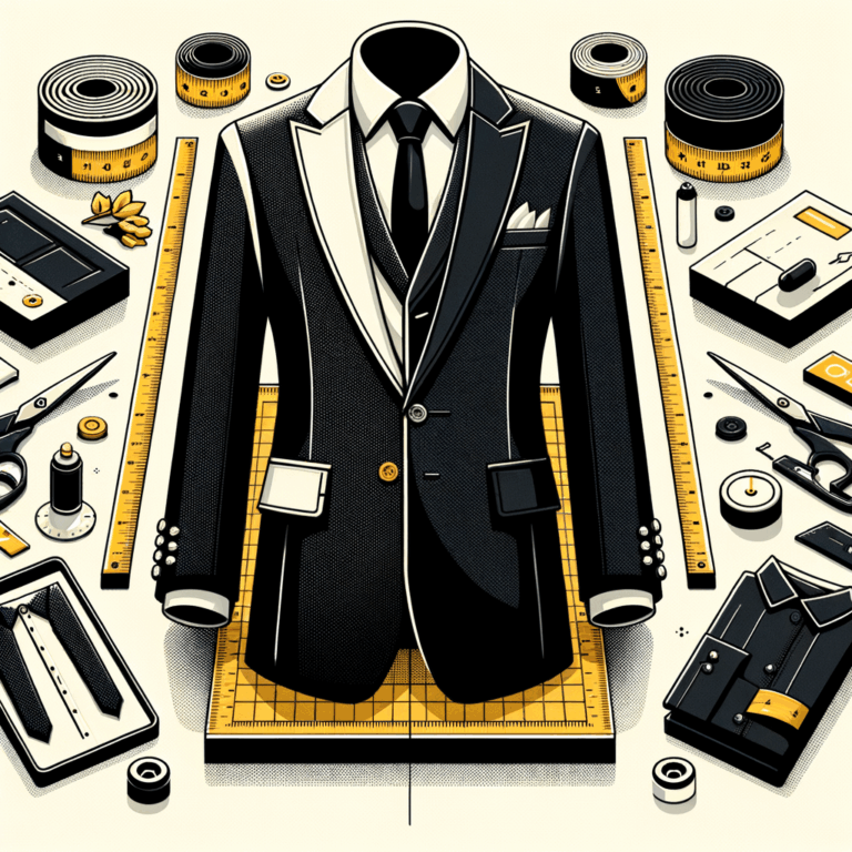 Una ilustración de dos trajes uno al lado del otro, uno a medida y otro de confección estándar, simbolizando la elección entre un sitio web personalizado y una plantilla, con elementos como cinta métrica y herramientas de diseño.