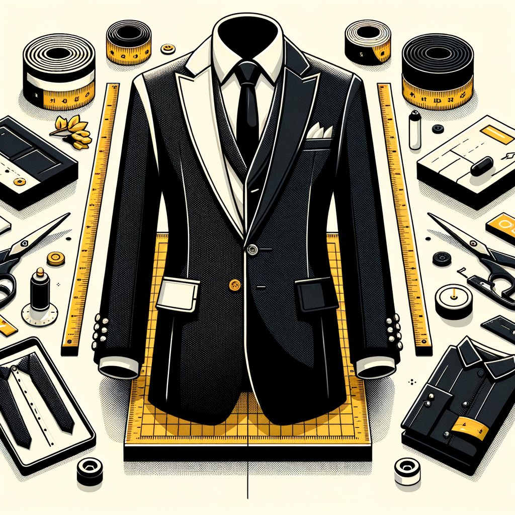 Una ilustración de dos trajes uno al lado del otro, uno a medida y otro de confección estándar, simbolizando la elección entre un sitio web personalizado y una plantilla, con elementos como cinta métrica y herramientas de diseño.
