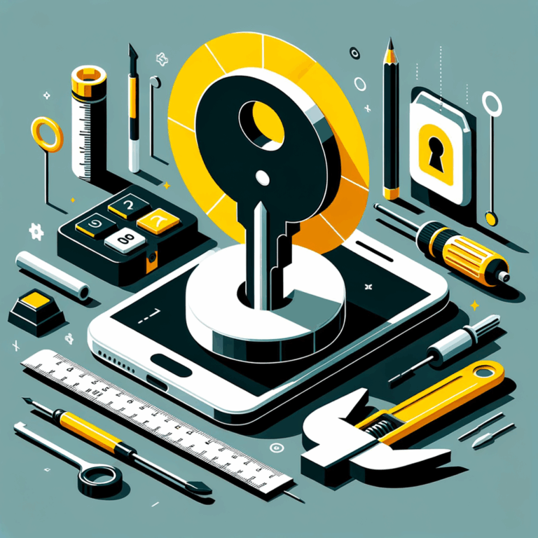 Una ilustración de una llave diseñada a medida encajando perfectamente en una cerradura, simbolizando el desarrollo de aplicaciones móviles personalizadas, con elementos como dispositivos móviles y herramientas de ingeniería precisas.