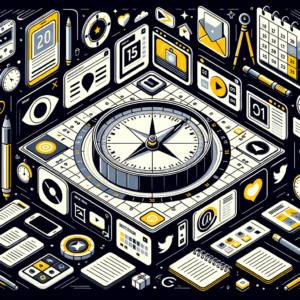 Una ilustración de un calendario digital con íconos de redes sociales y tipos de contenido como imágenes y videos, simbolizando un calendario de contenido bien planificado para redes sociales, con elementos como una brújula y notas organizadas.