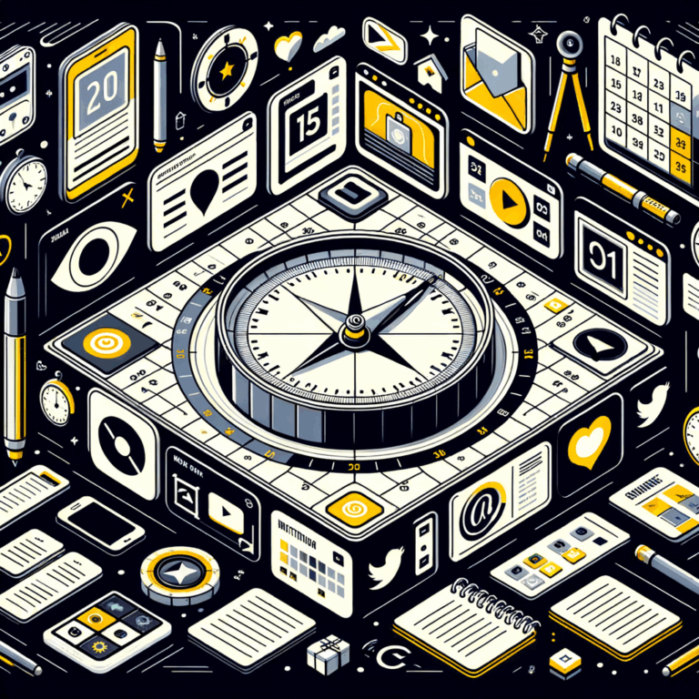 Una ilustración de un calendario digital con íconos de redes sociales y tipos de contenido como imágenes y videos, simbolizando un calendario de contenido bien planificado para redes sociales, con elementos como una brújula y notas organizadas.